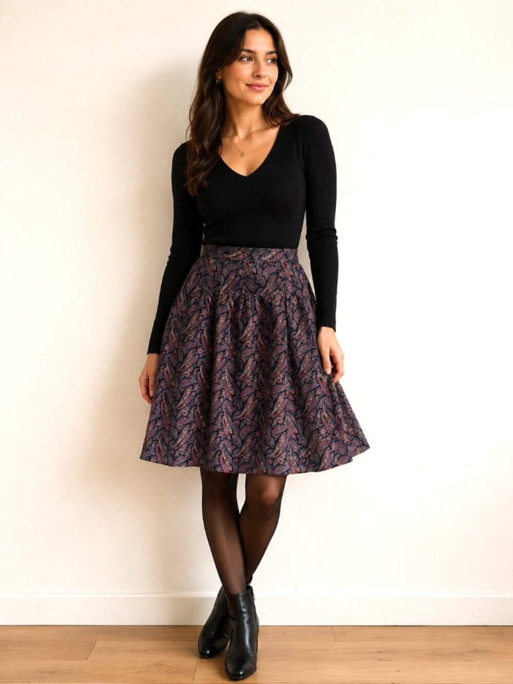 Vintage Velvet Paisley Print Knee Lenght Skirt S